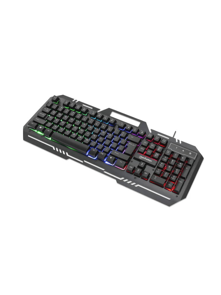 Imagen de MANHATTAN 180610 - Teclado Gaming LED con pánel metálico para celular 12 teclas de función, Conexión USB, Teclado en Español con retroiluminación Rainbow-LED (multicolor), soporte para teléfono, IPX4 (resistente a salpicaduras), negro