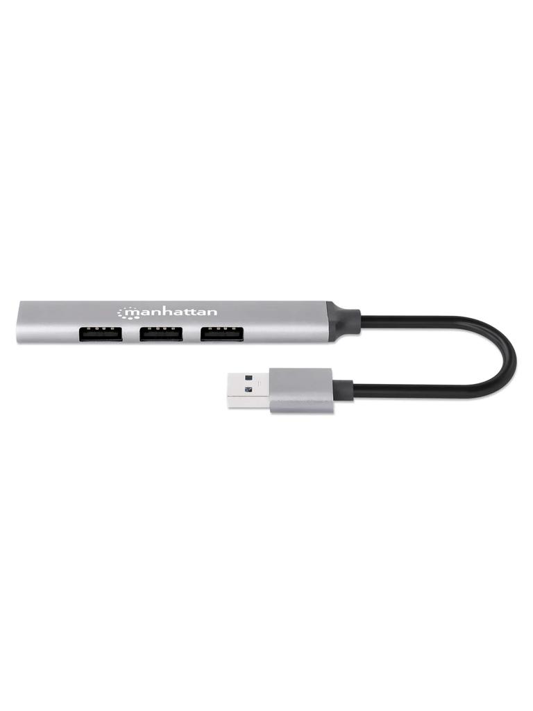 Imagen de MANHATTAN -168427 - Hub USB combinado con 4 puertos Tipo A / Conector USB-A macho a cuatro puertos USB-A hembra, un puerto USB 3.2 Gen 1 (antes USB 3.0) de 5 Gbps y tres puertos USB 2.0 de 480 Mbps, alimentación por bus, aluminio, gris espacial