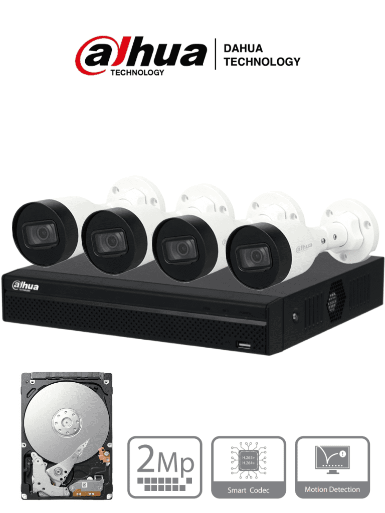 Imagen de DAHUA KITNVR1104HS-P+4C1TB- Kit IP de 4 canales con NVR con 4 puertos PoE, 1TB de almacenamiento, y 4 cámaras bullet de 2MP con IR de 30 metros y clasificación IP67 para exteriores. Ideal para una vigilancia eficiente y robusta.