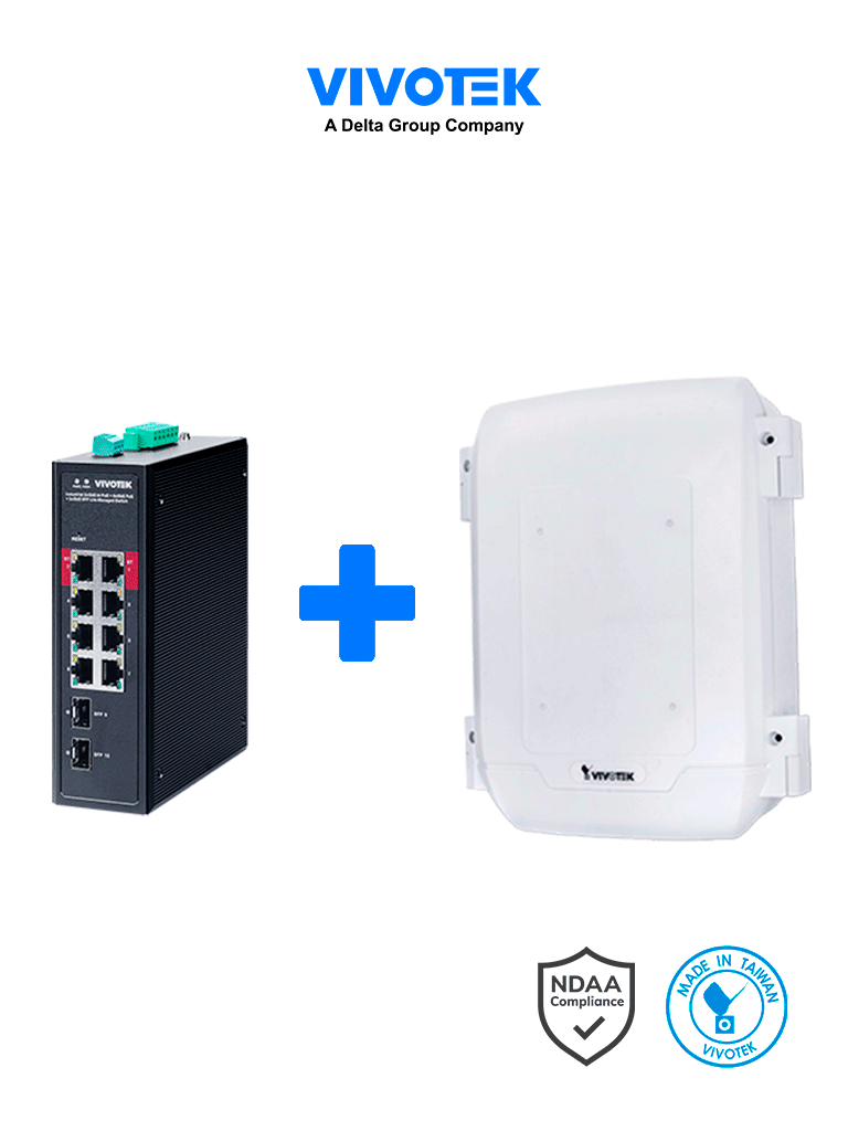 Imagen de VIVOTEK AWIHB1040EXT - Switch PoE Industrial 8 puertos PoE, Administrable, 2 puertos PoE GbE 90W, 6 puertos GbE 30W, 2 puertos GbE SFP, 300W Totales, Modo PoE Extendido hasta 250 mts, 20Gbps, VLAN. Incluye gabinete para Exterior, IP66, Antivandalico IK10