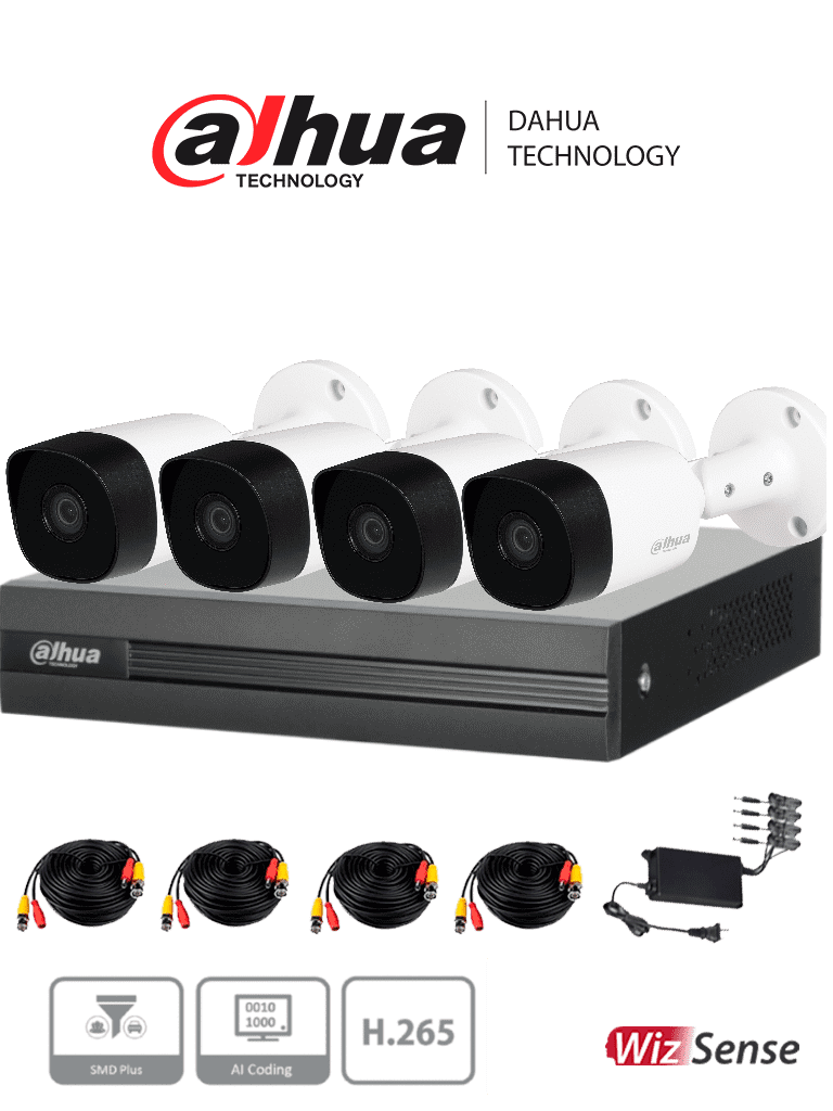 Imagen de DAHUA KITXVR1B04H-I+4B2A51 -Kit de 4 Canales de 5 MP/ DVR Cooper-I WizSense/ Con IA/ H.265+/ 4 Camaras B2A51 Metalicas/ 4 Ch + 1 IP o Hasta 5 Ch IP/ 4 Ch SMD Plus/ Busqueda de Humanos y Vehiculos/Accesorios Incluidos